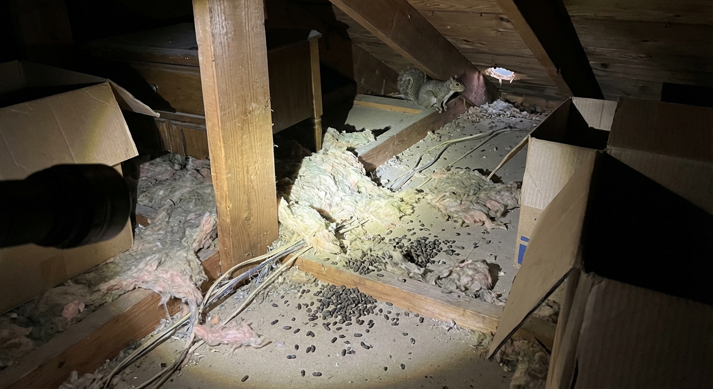 Squirrel running on Houston attic roof, sign of infestation