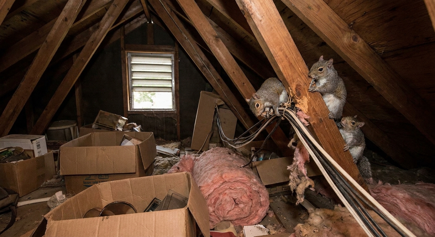 Squirrel damage to attic wiring in Houston home