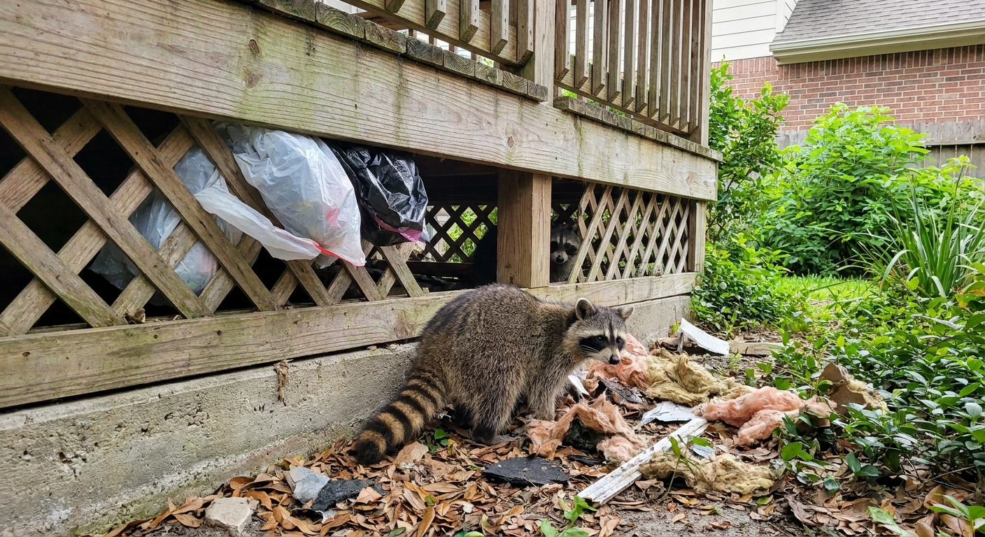 Raccoons causing damage under a deck in Houston