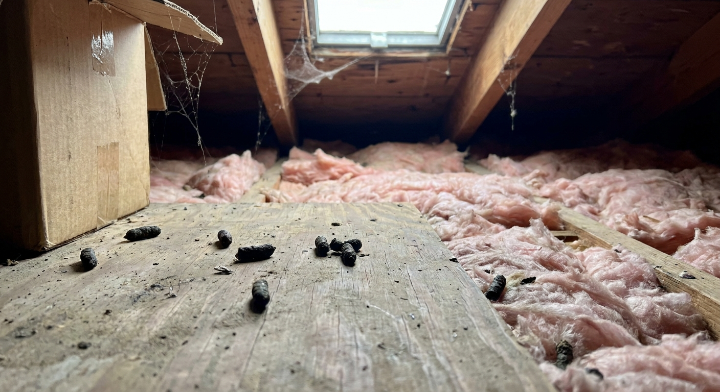 Animal droppings found in a Houston attic indicating wildlife infestation and need for cleanup