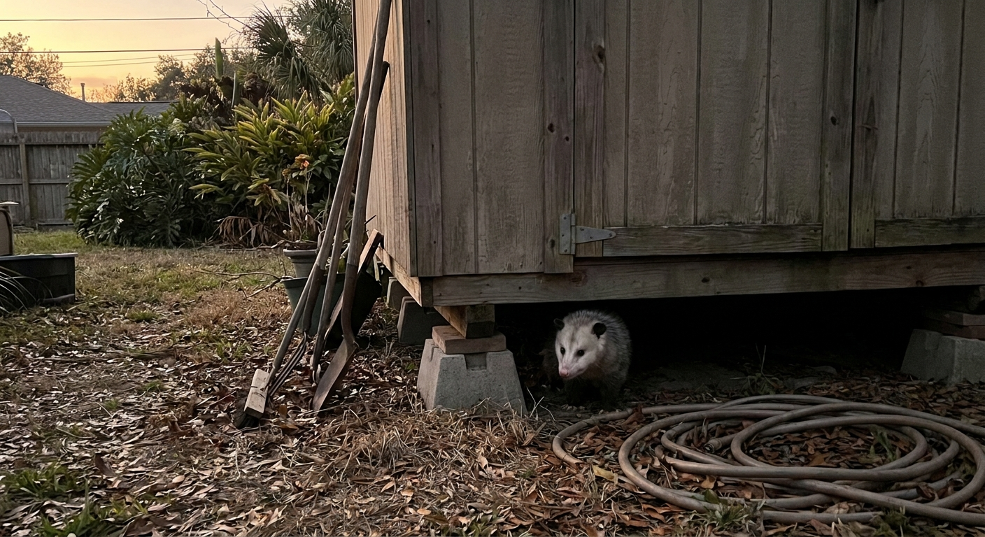 Opossum under Houston shed at night